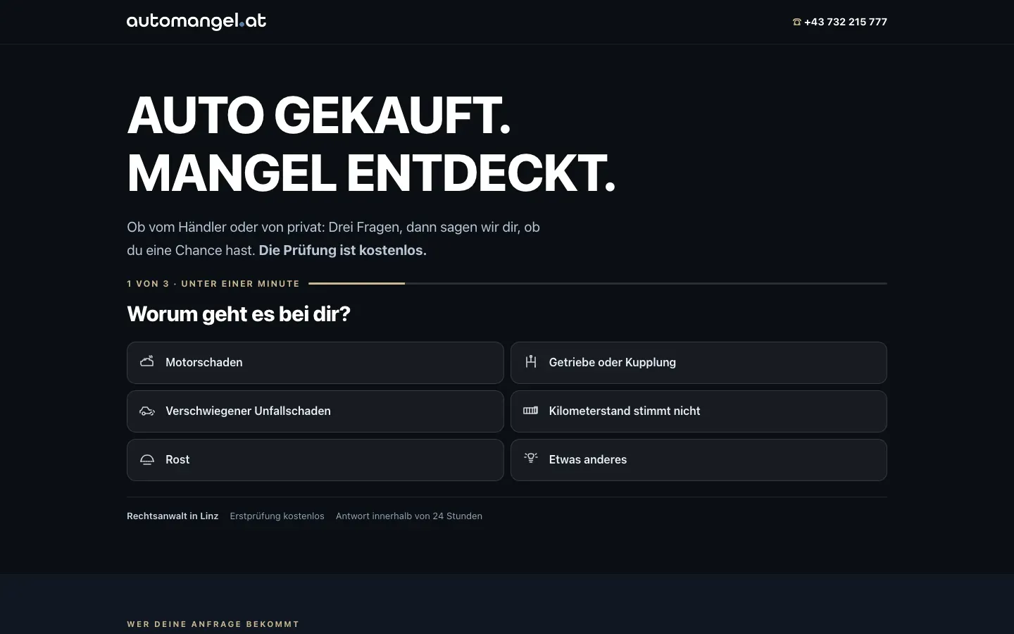 Startseite von automangel.at, Website für einen Rechtsanwalt in Linz