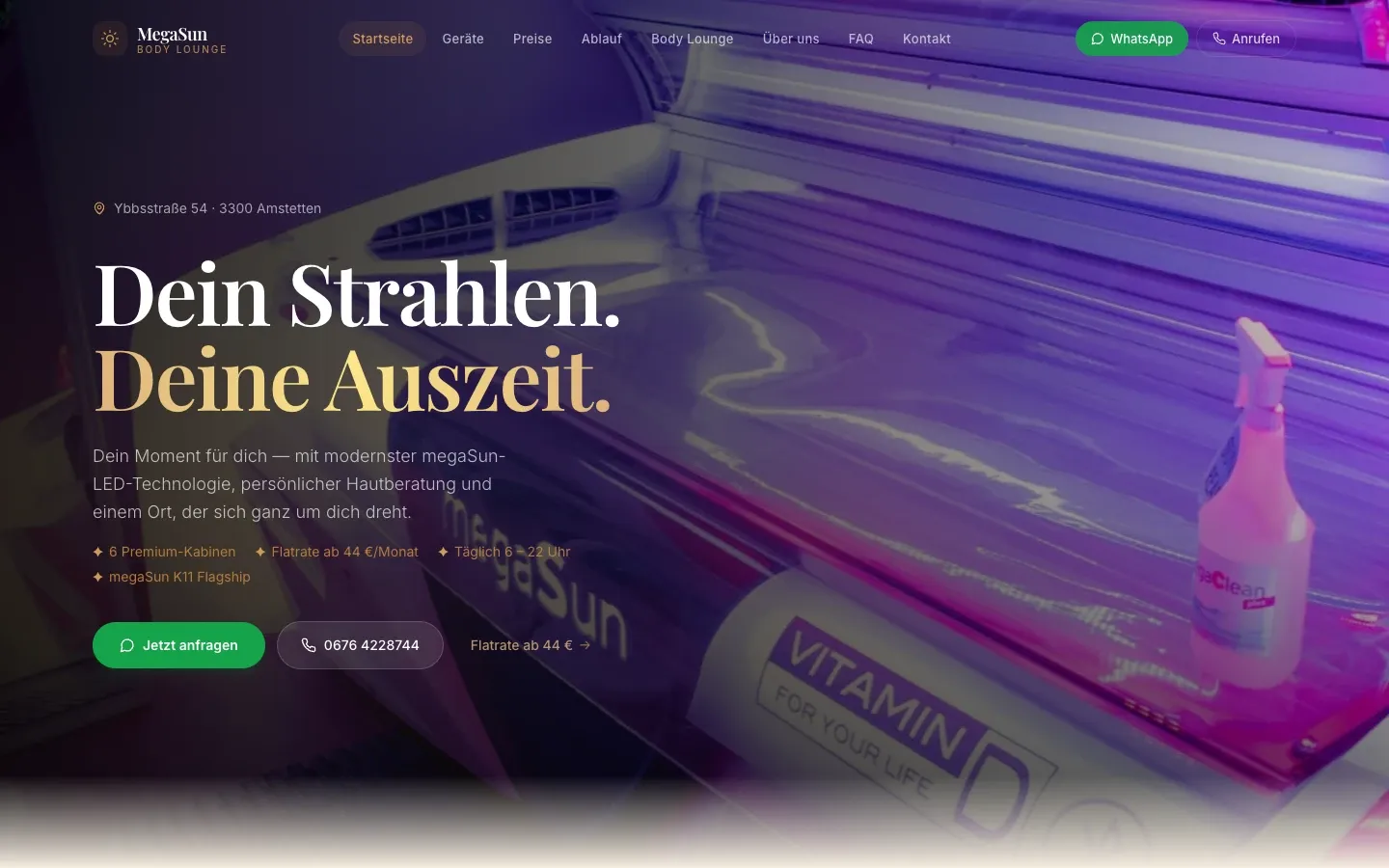 Startseite von megasun-amstetten.at, Website für ein Sonnenstudio in Amstetten