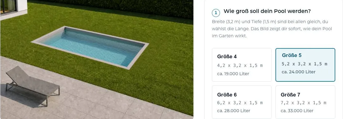 Echter Pool-Konfigurator: links der Pool im Garten, rechts die Größen zur Auswahl
